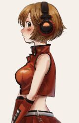 Rule 34 | 1girl, blush, breasts, brown eyes, brown hair, closed mouth, commentary request, cropped jacket, elbow gloves, from side, gloves, grey background, headphones, highres, jacket, large breasts, looking at viewer, looking to the side, meiko (vocaloid), midriff, nata shelf, profile, raised eyebrows, red gloves, red jacket, red skirt, sakine meiko, short hair, simple background, skirt, sleeveless, sleeveless jacket, solo, standing, upper body, v arms, vocaloid