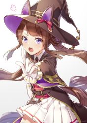 Rule 34 | 1girl, akatsuki (kuon), angry, animal ears, blush, brown hair, commentary request, gloves, hair rings, hat, horse ears, horse girl, horse tail, looking at viewer, pointing, purple eyes, simple background, solo, sweep tosho (umamusume), tail, twintails, umamusume, white background, witch hat