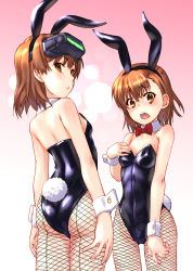 Rule 34 | 2girls, animal ears, arms at sides, ass, back, back-seamed legwear, backless leotard, bare shoulders, black leotard, blurry, blush, bokeh, bow, bowtie, breasts, brown eyes, brown hair, cleavage, closed mouth, collarbone, covered navel, cowboy shot, depth of field, detached collar, embarrassed, eyebrows, fake animal ears, fishnet pantyhose, fishnets, from behind, frown, gradient background, hairband, hand on own chest, head-mounted display, legs apart, leotard, looking afar, looking at viewer, looking away, looking down, misaka imouto, misaka mikoto, multiple girls, open mouth, pantyhose, playboy bunny, rabbit ears, rabbit tail, raika9, red bow, red bowtie, seamed legwear, short hair, simple background, skin tight, small breasts, standing, strapless, strapless leotard, tail, teeth, toaru kagaku no railgun, toaru majutsu no index, wavy mouth, white background, wrist cuffs, yellow background