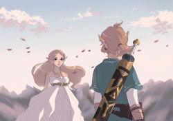 Rule 34 | 1boy, 1girl, aqua tunic, bare shoulders, belt, blonde hair, breasts, cloud, cowboy shot, dress, earrings, eiriseth, falling petals, gold necklace, green eyes, highres, jewelry, link, long hair, looking at another, low ponytail, medium breasts, medium hair, mountain, necklace, nintendo, outdoors, parted bangs, parted lips, petals, pointy ears, princess zelda, shirt, short ponytail, sky, strapless, strapless dress, sword, the legend of zelda, the legend of zelda: breath of the wild, weapon, weapon on back, white dress, white shirt