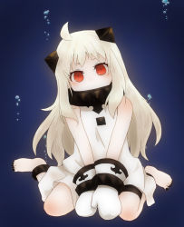 Rule 34 | 10s, 1girl, abyssal ship, ahoge, barefoot, colored skin, dress, head tilt, highres, hisame 0130, horns, kantai collection, long hair, looking at viewer, mittens, northern ocean princess, pale skin, red eyes, sitting, solo, v arms, wariza, white dress, white hair, white mittens, white skin