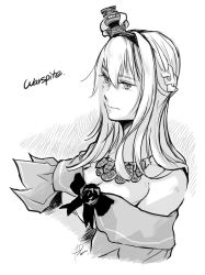 Rule 34 | 1girl, bare shoulders, braid, breasts, cleavage, closed mouth, collarbone, cropped torso, crown, dress, english text, flower, french braid, greyscale, hair between eyes, hair ornament, hair over shoulder, hairband, highres, jewelry, kantai collection, long hair, looking to the side, machinery, mini crown, monochrome, necklace, off-shoulder dress, off shoulder, ribbon, rose, signature, simple background, solo, warspite (kancolle), white background, yamada rei (rou)