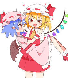 Rule 34 | 2girls, ascot, bat wings, belt, blonde hair, blue hair, blush, bow, collar, collared dress, collared shirt, commission, crystal, dress, fang, flandre scarlet, gem, hair between eyes, hands up, hat, hat ribbon, heart, highres, holding, incest, jewelry, looking at another, lying, mob cap, multicolored wings, multiple girls, nihohohi, one side up, open mouth, pink dress, pink headwear, pink sleeves, pixiv commission, pointy ears, puffy short sleeves, puffy sleeves, red ascot, red belt, red bow, red dress, red eyes, red footwear, red ribbon, remilia scarlet, ribbon, shirt, shoes, short hair, short sleeves, siblings, simple background, sisters, smile, socks, standing, touhou, white background, white headwear, white legwear, white shirt, white sleeves, wings, yellow ascot, yuri