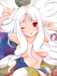 Rule 34 | 1girl, breasts, female focus, gradient background, japanese clothes, katanagatari, long hair, one eye closed, red eyes, sa88ku, solo, togame, upper body, white background, white hair, wink