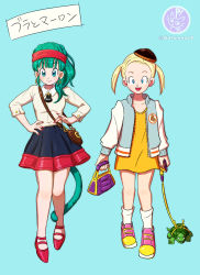 Rule 34 | 2girls, aged up, alternate costume, ankle strap, aqua background, aqua hair, bag, bare legs, beige shirt, black skirt, blonde hair, blue eyes, blunt bangs, bra (dragon ball), braid, breasts, brooch, brown headwear, clothes writing, collarbone, collared shirt, commentary request, contrapposto, dragon ball, dragon ball gt, dragonball z, earrings, eyelashes, fingernails, flat chest, french braid, full body, grey jacket, hair strand, hairband, handbag, hands on own hips, hat, highres, hoop earrings, jacket, jewelry, kanji, leash, letterman jacket, long sleeves, looking at viewer, loose socks, marron (dragon ball), medium breasts, monkey tail, multiple girls, nail polish, norita (6110885), open clothes, open jacket, open mouth, oversized clothes, oversized shirt, pink footwear, pink hairband, pleated skirt, red footwear, red nails, shirt, shoes, side-by-side, simple background, skirt, sneakers, socks, standing, tail, tama (dragon ball), turtle, twintails, twitter username, white legwear, yellow shirt