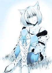Rule 34 | 1girl, an&#039;no natsume, animal ear fluff, animal ears, bare shoulders, blue theme, braid, breasts, cat ears, chest jewel, cleavage, closed mouth, collarbone, crossed legs, eyes visible through hair, gem, grass, head tilt, highres, hugging own legs, jacket, long sleeves, miniskirt, mio (xenoblade), off-shoulder jacket, off shoulder, pleated skirt, short hair, sitting, skirt, smile, solo, split mouth, xenoblade chronicles (series), xenoblade chronicles 3