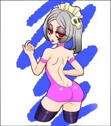 Rule 34 | 1girl, 4m4y0r1, ass, backless outfit, bags under eyes, bloody marie (skullgirls), come hither, dimples of venus, eyeshadow, from behind, hair ornament, half-closed eyes, highres, lipstick, maid headdress, makeup, open mouth, red eyes, red lips, shoulder blades, skull hair ornament, skullgirls, solo, thighhighs, twintails