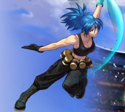 Rule 34 | 1girl, attack, blue eyes, blue hair, boots, breasts, cleavage, earrings, gloves, jewelry, leona heidern, matching hair/eyes, medium breasts, midriff, official art, ogura eisuke, snk, solo, tank top, the king of fighters, the king of fighters xii