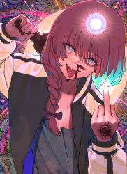 Rule 34 | 1girl, abstract background, absurdres, black jacket, black nails, blood, blue eyes, bocchi the rock!, bottle, braid, commentary request, grey shirt, highres, hiroi kikuri, holding, holding bottle, jacket, looking at viewer, middle finger, nosebleed, open clothes, open jacket, oshiri seijin, pill, pill on tongue, pink hair, psychedelic, sharp teeth, shirt, single braid, solo, teeth, tongue, tongue out