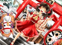 Rule 34 | 1girl, ankle socks, architecture, ascot, bell, blush, bottle, bow, brown hair, bush, daruma doll, detached sleeves, drunk, dutch angle, east asian architecture, hair bow, hair tubes, hakurei reimu, icicle, jingle bell, knees together feet apart, leg up, mary janes, open mouth, pony (animal), shoes, short hair, skirt, skirt set, snow, socks, solo, stairs, tamasan, torii, touhou, yin yang