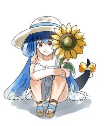 Rule 34 | 1girl, blue hair, breasts, collarbone, dizzy (guilty gear), dress, flower, guilty gear, hair between eyes, hair down, hair rings, hat, large breasts, mature female, monster girl, nishimoto, red eyes, ribbon, sandles, sidelocks, smile, solo, sun hat, sunflower, tail, tail ornament, tail ribbon, white dress