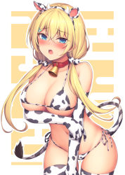 Rule 34 | 1girl, animal ears, animal print, bell, bikini, blonde hair, blue eyes, breasts, buckle, choker, commentary request, cow ears, cow horns, cow print, cow print bikini, cow tail, cowbell, elbow gloves, fake animal ears, fake tail, furrowed brow, gloves, hair ornament, hairband, hairclip, hanpenmaru, highres, horns, large breasts, long hair, low twintails, open mouth, original, print bikini, side-tie bikini bottom, simple background, swimsuit, tail, thighhighs, twintails, underwear