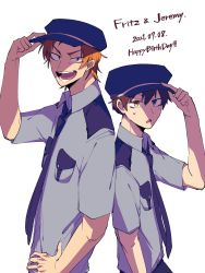 Rule 34 | 2boys, birthday, blouse, blue headwear, collared shirt, english text, five nights at freddy&#039;s 2, fritz smith, grey shirt, hair between eyes, hand on own hip, highres, jeremy fitzgerald, misokino 009, multiple boys, security guard, shirt, simple background, white background