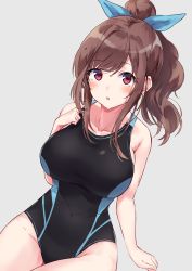 Rule 34 | 1girl, bare shoulders, blush, bow, breasts, brown eyes, brown hair, competition swimsuit, earrings, hair bow, highres, idolmaster, idolmaster shiny colors, jewelry, large breasts, long hair, looking at viewer, minikon, one-piece swimsuit, ponytail, simple background, solo, swimsuit, tsukioka kogane, water drop, white background