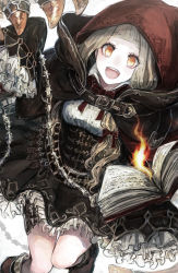 Rule 34 | 1girl, belt, blonde hair, book, boots, buckle, chain, cloak, dress, eyelashes, fire, fire, frills, highres, holding, holding book, hood up, red riding hood (sinoalice), long hair, long sleeves, looking at viewer, magic, open mouth, sinoalice, smile, solo, white background, yellow eyes