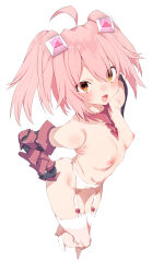Rule 34 | 1girl, ahoge, armored gloves, ass, blush, breasts, brown eyes, commentary request, elbow gloves, from above, full body, garter belt, garter straps, gloves, hair ornament, highres, kz oji, looking at viewer, nipples, nude, open mouth, original, pink hair, short hair, simple background, small breasts, smile, solo, thighhighs, twintails, white background, white thighhighs