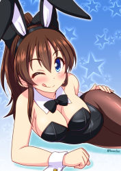 Rule 34 | 10s, 1girl, animal ears, blue eyes, bococho, bow, bowtie, brown hair, detached collar, fake animal ears, idolmaster, idolmaster million live!, leotard, long hair, lying, on side, one eye closed, open mouth, pantyhose, playboy bunny, rabbit ears, rabbit tail, satake minako, tail, tongue, tongue out, twintails, wink, wrist cuffs