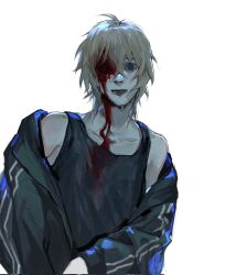 Rule 34 | 1boy, bags under eyes, bandage on face, bandages, blonde hair, blood, blood on clothes, blood on face, collarbone, crurry (trenos x), guro, highres, hood, hoodie, injury, male focus, missing eye, scared, short sleeves, slow damage, white background, wide-eyed