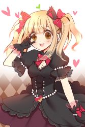 Rule 34 | 1girl, :3, :d, animal ears, argyle, argyle background, argyle clothes, black cat d.va, black dress, black gloves, blonde hair, blush, bow, bowtie, brown eyes, cat ears, commentary request, d.va (overwatch), dress, earrings, fang, gloves, gradient background, hair bow, hand up, heart, highres, jewelry, kaoruru (sakuno2911), looking at viewer, open mouth, overwatch, overwatch 1, pink bow, pink bowtie, signature, smile, solo, standing, twintails