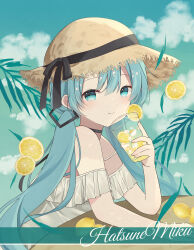 Rule 34 | 1girl, absurdres, arm on table, blue eyes, blue hair, character name, choker, commentary, cup, drink, elbow rest, food, fruit, hat, hat ribbon, hatsune miku, highres, holding, holding cup, holding drink, lemon, lemon slice, lemonade, long hair, low twintails, off-shoulder shirt, off shoulder, plant, ribbon, shirt, sky, smile, solo, straw hat, sun hat, twintails, very long hair, vocaloid, yomiya yumeha