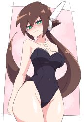 Rule 34 | 1girl, absurdres, aile (mega man zx), alternate costume, bare shoulders, black leotard, blush, breasts, brown hair, buzzlyears, closed mouth, collarbone, covered navel, green eyes, highres, large breasts, leotard, long hair, looking at viewer, mega man (series), mega man zx, mega man zx advent, shiny skin, solo