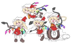 Rule 34 | blonde hair, blue gemstone, blush, blush stickers, brown footwear, clone, closed eyes, closed mouth, collared shirt, flandre scarlet, flying, four of a kind (touhou), frilled hat, frilled shirt, frilled skirt, frilled sleeves, frilled wristband, frills, gem, green gemstone, hair between eyes, happy, hat, hat ornament, hat ribbon, highres, holding, holding weapon, index finger raised, jewelry, laevatein (touhou), long hair, mob cap, multiple girls, neckerchief, nervous, open mouth, orange gemstone, orange neckerchief, pink gemstone, pointing, ponytail, purple gemstone, red eyes, red gemstone, red ribbon, red skirt, red vest, ribbon, running, serious, shinmon akika, shirt, shoes, short sleeves, side ponytail, skirt, socks, sweat, sweatdrop, touhou, vampire, vest, weapon, white gemstone, white headwear, white shirt, white socks, wings, wristband