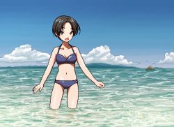 Rule 34 | 1girl, bikini, black hair, day, dithering, female focus, narume, navel, ocean, open mouth, original, outdoors, parted bangs, partially submerged, pixel art, short hair, solo, swimsuit, water