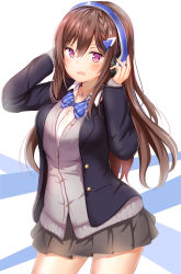 Rule 34 | 1girl, :d, black jacket, blazer, blue bow, blue bowtie, blush, bow, bowtie, braid, breasts, brown hair, buttons, cardigan, cocoa music, collared shirt, cowboy shot, doumyouji cocoa, game club project, grey cardigan, grey skirt, hair between eyes, hair ornament, hands on headphones, hands up, headphones, highres, jacket, jewelry, large breasts, legs apart, long hair, long sleeves, looking at viewer, miniskirt, necklace, open clothes, open jacket, open mouth, pink eyes, pleated skirt, school uniform, shirt, sidelocks, skirt, smile, solo, standing, striped bow, striped bowtie, striped clothes, striped neckwear, undershirt, virtual youtuber, white shirt, wing collar, yuano