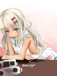 Rule 34 | 1girl, akino shuu, bare arms, bare shoulders, blue eyes, bow, closed mouth, commentary request, dress, gradient background, grecale (kancolle), grey hair, hair between eyes, hair bow, kantai collection, leaning forward, long hair, looking at viewer, pink background, red bow, sailor collar, sailor dress, sleeveless, sleeveless dress, smile, solo, twitter username, very long hair, white background, white dress, white sailor collar