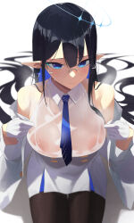 Rule 34 | 1girl, absurdres, black hair, blue archive, blue eyeliner, blue eyes, blue hair, blush, breasts, collared shirt, colored inner hair, doroti., elf, eyeliner, from behind, glasses, halo, highres, jacket, large breasts, long hair, long sleeves, looking at viewer, multicolored hair, no bra, pantyhose, parted lips, pointy ears, rin (blue archive), round eyewear, see-through, shirt, sitting, skirt, solo, very long hair, wet, wet clothes, wet shirt, white jacket, white shirt, white skirt