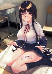 Rule 34 | 1girl, black hair, black skirt, unworn blazer, blush, breasts, chair, classroom, closed mouth, collared shirt, commentary request, desk, dress shirt, glasses, hair between eyes, hato haru, highres, indoors, lap pillow invitation, large breasts, long hair, looking at viewer, mat, off shoulder, open hands, original, pleated skirt, red-framed eyewear, red neckwear, red ribbon, ribbon, school chair, school desk, school uniform, shirt, sidelocks, sitting, skirt, smile, thighs, wariza, white shirt, wooden floor, yellow eyes