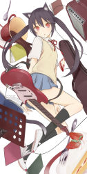 Rule 34 | 1girl, :o, amplifier, animal ears, bad id, bad pixiv id, black hair, book, brown eyes, cake, cat ears, cup, electric guitar, fender (company), fender mustang, floating, floating object, food, fork, guitar, guitar case, instrument, instrument case, k-on!, kneehighs, legs, long hair, money, nakano azusa, nnyu, red eyes, school uniform, shoes, socks, solo, staring, teacup, tsurime, twintails, uwabaki