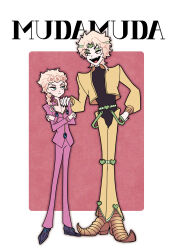 Rule 34 | 2boys, blonde hair, braid, chuchumimipupu, commentary request, crossed arms, dio brando, fangs, father and son, frown, giorno giovanna, green eyes, green headband, hair over shoulder, hand on own hip, headband, highres, jacket, jojo no kimyou na bouken, knee pads, male focus, multiple boys, open mouth, pointy footwear, red eyes, single braid, smile, stardust crusaders, vento aureo, yellow jacket