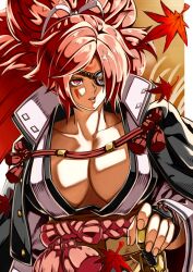 Rule 34 | 1girl, absurdres, baiken, big hair, black kimono, breasts, cleavage, eyepatch, facial tattoo, guilty gear, guilty gear xrd, highres, japanese clothes, katana, kimono, large breasts, leaf, long hair, long sleeves, looking at viewer, mabost23, maple leaf, multicolored clothes, multicolored kimono, one-eyed, open clothes, open kimono, parted lips, ponytail, red eyes, red hair, ribbon, samurai, scar, scar across eye, sword, tassel, tattoo, upper body, weapon, white ribbon