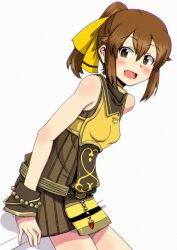 Rule 34 | 1girl, :d, bare shoulders, blush, bow, bracelet, breasts, brown eyes, brown hair, brown jumpsuit, delthea (fire emblem), fang, fire emblem, fire emblem echoes: shadows of valentia, hair between eyes, hair bow, hiramine akira, jewelry, jumpsuit, nintendo, open mouth, ponytail, short hair, short jumpsuit, simple background, sleeveless, sleeveless jumpsuit, small breasts, smile, solo, white background, yellow bow