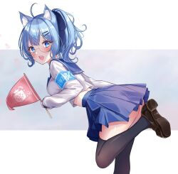 Rule 34 | 1girl, absurdres, ahoge, animal ear fluff, animal ears, animare, armband, artist request, ass, black thighhighs, blue eyes, blue hair, blue skirt, blush, breasts, brown footwear, commentary request, dog ears, flag, foot out of frame, glasses, hair ornament, hairclip, high ponytail, highres, holding, holding flag, leaning forward, loafers, long sleeves, looking at viewer, medium bangs, medium breasts, medium hair, nanashi inc., official art, open mouth, pleated skirt, school uniform, serafuku, shirt, shoes, skirt, smile, solo, souya ichika, thighhighs, virtual youtuber, white shirt
