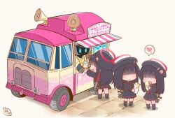 Rule 34 | 3girls, beret, black footwear, black hair, black headwear, black sailor collar, black serafuku, black skirt, black socks, blue archive, blunt bangs, blush, closed mouth, food, food truck, halo, hanomido, hat, heart, highres, holding, holding food, ice cream, justice task force member (blue archive), long hair, long sleeves, motor vehicle, multiple girls, neckerchief, open mouth, pleated skirt, red halo, red neckerchief, robot, sailor collar, school uniform, serafuku, shoes, skirt, smile, socks, spoken heart, truck