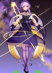 Rule 34 | 1girl, absurdres, bangle, beckoning, black dress, black gloves, bow, bracelet, braid, cevio, closed mouth, commentary request, crossed legs, dress, french braid, full body, gloves, gradient dress, half gloves, head tilt, headphones, high heels, highres, jewelry, looking at viewer, microphone, milky way, nicchi, orbital path, outstretched arms, purple bow, purple dress, purple eyes, purple hair, purple thighhighs, ribbed thighhighs, see-through, see-through sleeves, shawl, short hair with long locks, single sidelock, sky, smile, solo, star (sky), star (symbol), starry background, starry sky, starry sky print, straight-on, thighhighs, voiceroid, waist bow, watson cross, yuzuki yukari, yuzuki yukari (rei)