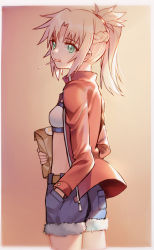 Rule 34 | 1girl, bag, bandeau, blonde hair, braid, candy, denim, denim shorts, fate/apocrypha, fate (series), food, food in mouth, from side, fur trim, green eyes, half updo, holding, holding bag, jacket, lollipop, long hair, mordred (fate), mordred (fate/apocrypha), mordred (memories at trifas) (fate), open clothes, open jacket, paper bag, parted bangs, ponytail, short shorts, shorts, sidelocks, solo, yorukun