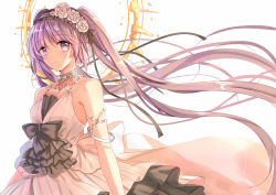 Rule 34 | 1girl, absurdly long hair, armlet, bare arms, bare shoulders, black ribbon, breasts, choker, dress, euryale (fate), euryale (third ascension) (fate), fate (series), flower, frilled dress, frilled headband, frills, hair flower, hair ornament, hair ribbon, hairband, halo, headband, jewelry, lolita fashion, lolita hairband, long dress, long hair, looking at viewer, purple eyes, purple hair, ribbon, sleeveless, sleeveless dress, small breasts, solo, twintails, type-moon, venn (vebonbon), very long hair, white background, white dress