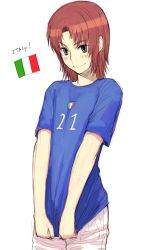 Rule 34 | 1girl, 2006 fifa world cup, andrea pirlo, andrea pirlo (cosplay), blush, breasts, cosplay, cowboy shot, grey eyes, gunslinger girl, italian flag, italy, jersey, light smile, looking at viewer, parted bangs, petrushka, red hair, shirt, shirt tug, short hair, short sleeves, shorts, simple background, sketch, small breasts, smile, soccer, soccer uniform, solo, sportswear, standing, uniform, white background, world cup, yu 65026