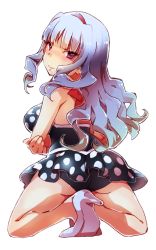 Rule 34 | 1girl, arumaji (kiss kill lila), ass, bare shoulders, breasts, casual one-piece swimsuit, full body, hairband, high heels, idolmaster, idolmaster (classic), kneeling, large breasts, long hair, looking back, one-piece swimsuit, polka dot, purple eyes, red eyes, shijou takane, shoes, silver hair, smile, solo, swimsuit, white background