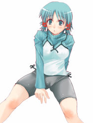 Rule 34 | 1girl, :o, arm behind back, between legs, bike shorts, black shorts, blue (ao maru), blue eyes, blue hair, blue sweater, blush, breasts, breasts squeezed together, cameltoe, covered erect nipples, fushimi yukari, hand between legs, invisible chair, long sleeves, looking at viewer, medium breasts, parted lips, ribbed sweater, routes, short hair, shorts, simple background, sitting, solo, spread legs, sweater, tareme, white background, yukari