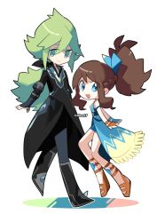 Rule 34 | 1boy, 1girl, :d, artist name, black coat, blue eyes, brown hair, clear 2758, closed mouth, coat, commentary request, creatures (company), game freak, green hair, high ponytail, highres, hilda (pokemon), hilda (sygna suit) (pokemon), long hair, n (pokemon), n (sygna suit) (pokemon), nintendo, open mouth, pokemon, pokemon masters ex, sidelocks, simple background, smile, twitter username, white background