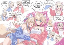 Rule 34 | 2girls, absurdres, alternate costume, animal ear fluff, animal ears, blonde hair, blue eyes, blue hair, blue pajamas, breasts, dog ears, dog girl, fuwawa abyssgard, highres, hololive, hololive english, long hair, medium breasts, mococo abyssgard, multicolored hair, multiple girls, open mouth, pajamas, pink eyes, pink hair, pink pajamas, siblings, sisters, small breasts, streaked hair, twins, virtual youtuber, yomosaka