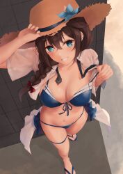 Rule 34 | 1girl, arm up, beach, bikini, blue bikini, blue eyes, blue flower, blurry, braid, breasts, brown hair, collarbone, commentary request, day, depth of field, dress shirt, flower, from above, front-tie bikini top, front-tie top, hair between eyes, hair over shoulder, hat, hat flower, highres, k jie, kantai collection, long hair, looking at viewer, medium breasts, navel, ocean, official alternate costume, open clothes, open shirt, outdoors, parted lips, pulled by self, sandals, shadow, shigure (kancolle), shigure kai san (kancolle), shirt, short sleeves, single braid, smile, solo, standing, strap pull, straw hat, swimsuit, toes, wet, wet clothes, wet shirt, white shirt