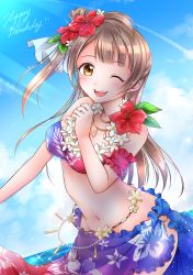 Rule 34 | 1girl, artist name, artist request, bare legs, bare shoulders, bikini, blue sky, blush, breasts, brown eyes, brown hair, cleavage, cloud, collarbone, day, detached arm, female focus, flower, frilled bikini, frilled skirt, frills, grey hair, hair flower, hair ornament, highres, jewelry, light brown hair, long hair, love live!, love live! school idol festival, love live! school idol project, medium breasts, minami kotori, necklace, ocean, one eye closed, outdoors, parted lips, ponytail, red flower, rin5325, rinrin5325, side ponytail, skirt, sky, smile, solo, swimsuit