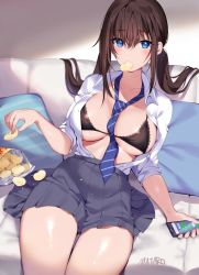 Rule 34 | 1girl, black bra, blue eyes, blue necktie, blush, bra, breasts, brown hair, cellphone, chips (food), cleavage, collared shirt, couch, cushion, dress shirt, eating, food, grey skirt, highres, large breasts, long hair, looking at viewer, mataro (matarou), necktie, open clothes, open mouth, open shirt, original, phone, potato chips, school uniform, shirt, sitting, skirt, smartphone, solo, twintails, underwear, white shirt