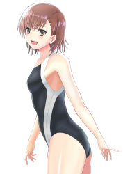 Rule 34 | 1girl, ass, black one-piece swimsuit, brown eyes, brown hair, commentary request, competition swimsuit, cowboy shot, flat chest, highres, higofushi, looking at viewer, matching hair/eyes, misaka mikoto, one-piece swimsuit, school swimsuit, short hair, simple background, smile, solo, standing, swimsuit, toaru kagaku no railgun, toaru majutsu no index, tokiwadai school swimsuit, white background