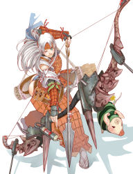 Rule 34 | 1girl, :p, armor, arrow (projectile), ass, blue panties, bow, bow (weapon), capcom, drawing bow, dynamite, explosive, flower, fork, gauntlets, green eyes, headband, holding, holding bow (weapon), holding weapon, lao-shan lung (armor), long hair, monster hunter (series), panties, pig, poogie, quiver, sanzhuangwangcat, solo, tongue, tongue out, underwear, weapon, white hair